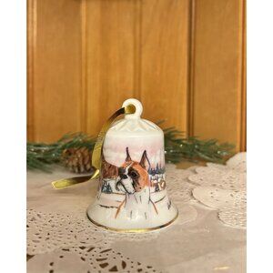 Vintage Porcelain Boxer Hound Dog Hand Painted Bell Christmas Ornament Artist Si